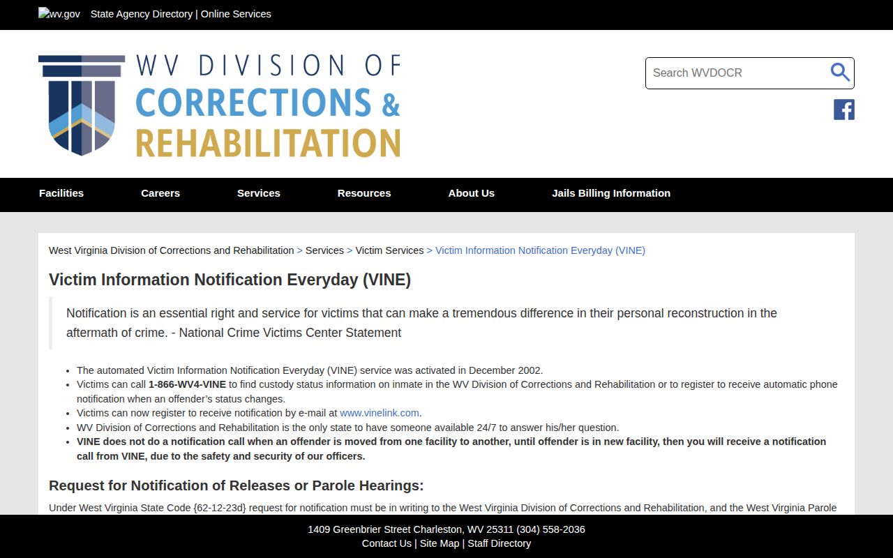 Mingo County custody notification option through the official WVDCR VINE service