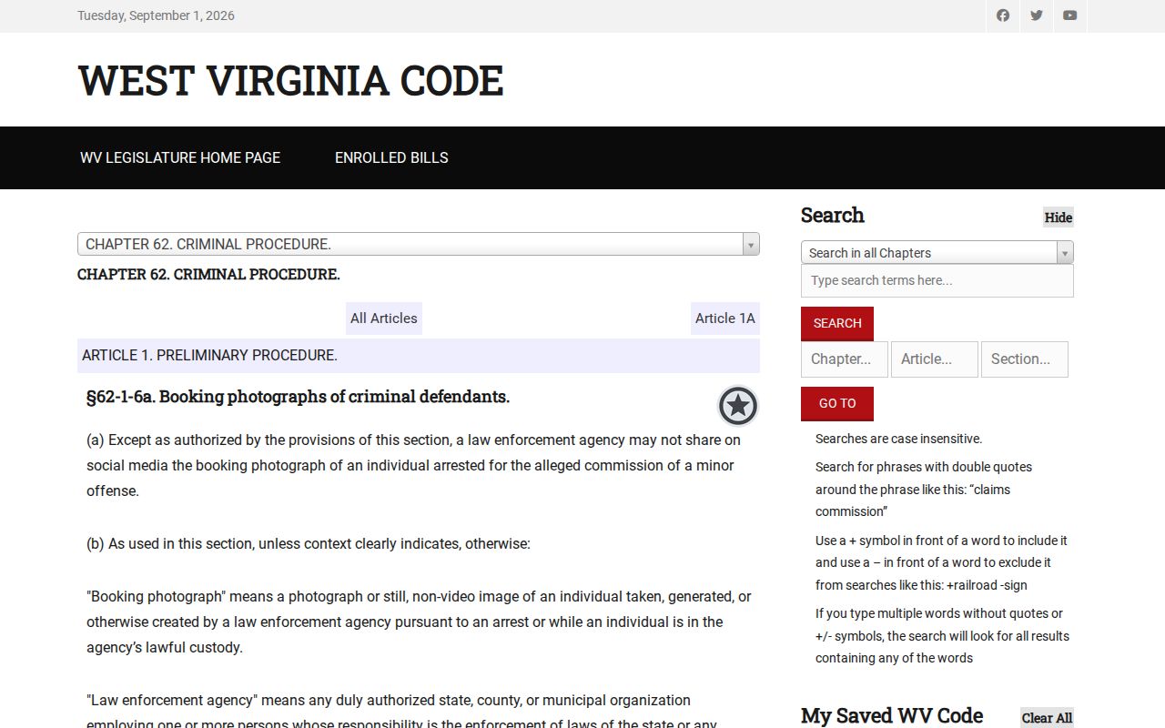 Mingo County booking photograph social-media publication rule in West Virginia Code