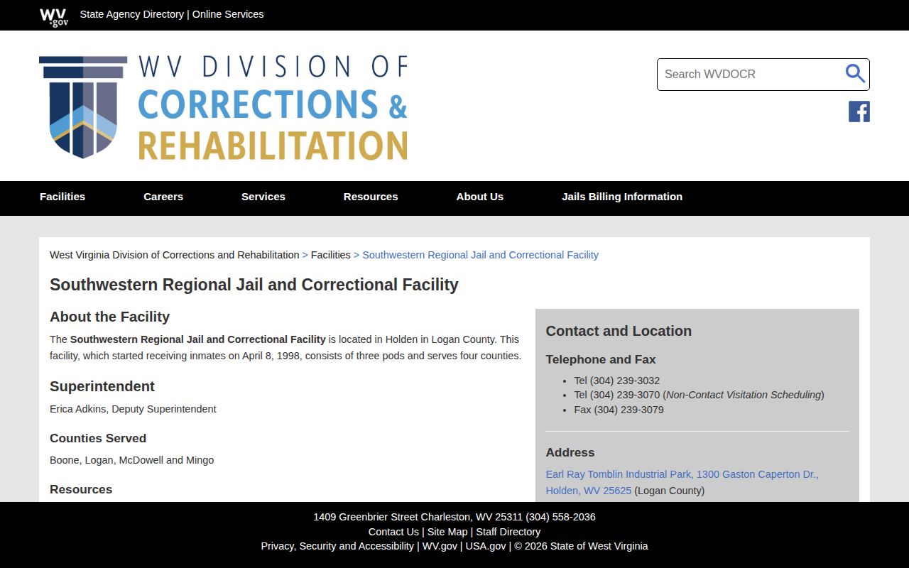 Mingo County booking destination at Southwestern Regional Jail official facility record